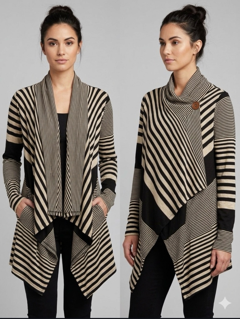bobeau Black and Cream Striped Draped Button-Front Poncho